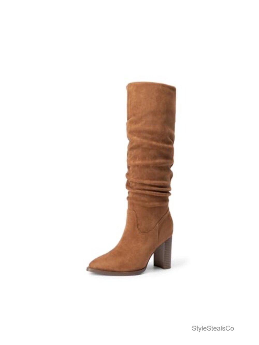 Slouchy Knee High Boots Pointed Toe Slim Block Heel Faux Suede